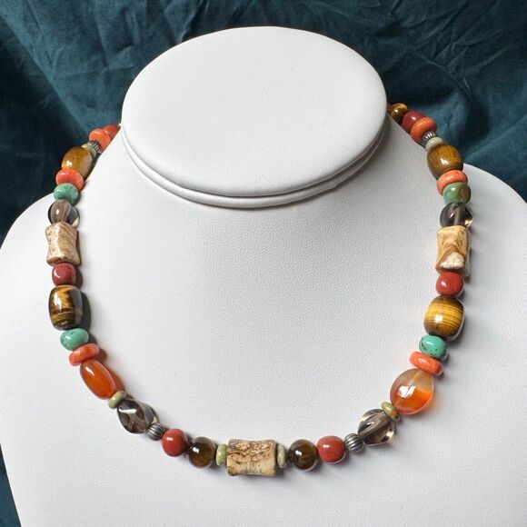 Vintage CAROLYN POLLACK Beaded Gemstone Necklace Sterling Silver 925 Southwest - Picture 3 of 17